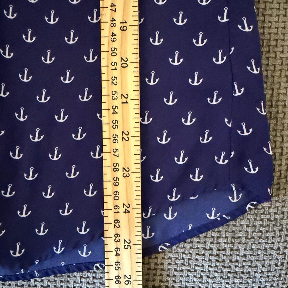Nautical Anchor Print Blouse S Express Long Sleeve Button Down Navy Coastal Blue - Picture 7 of 10